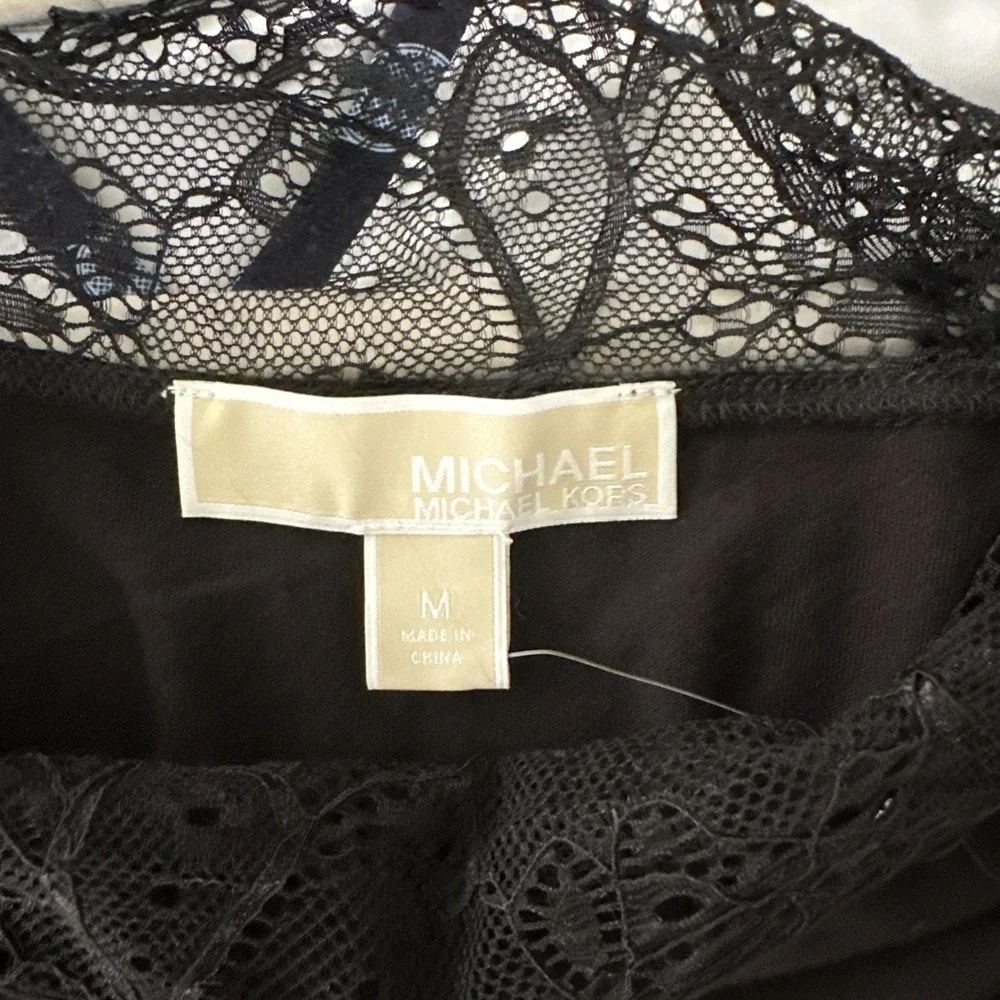 NWT Michael Kors Black Sheer Short Sleeve Blouse With Lace Trim At Neckline M - Picture 5 of 5